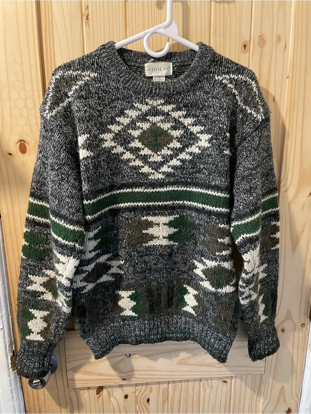 Adolfo Gray, White and Green Geometric Crewneck Sweater